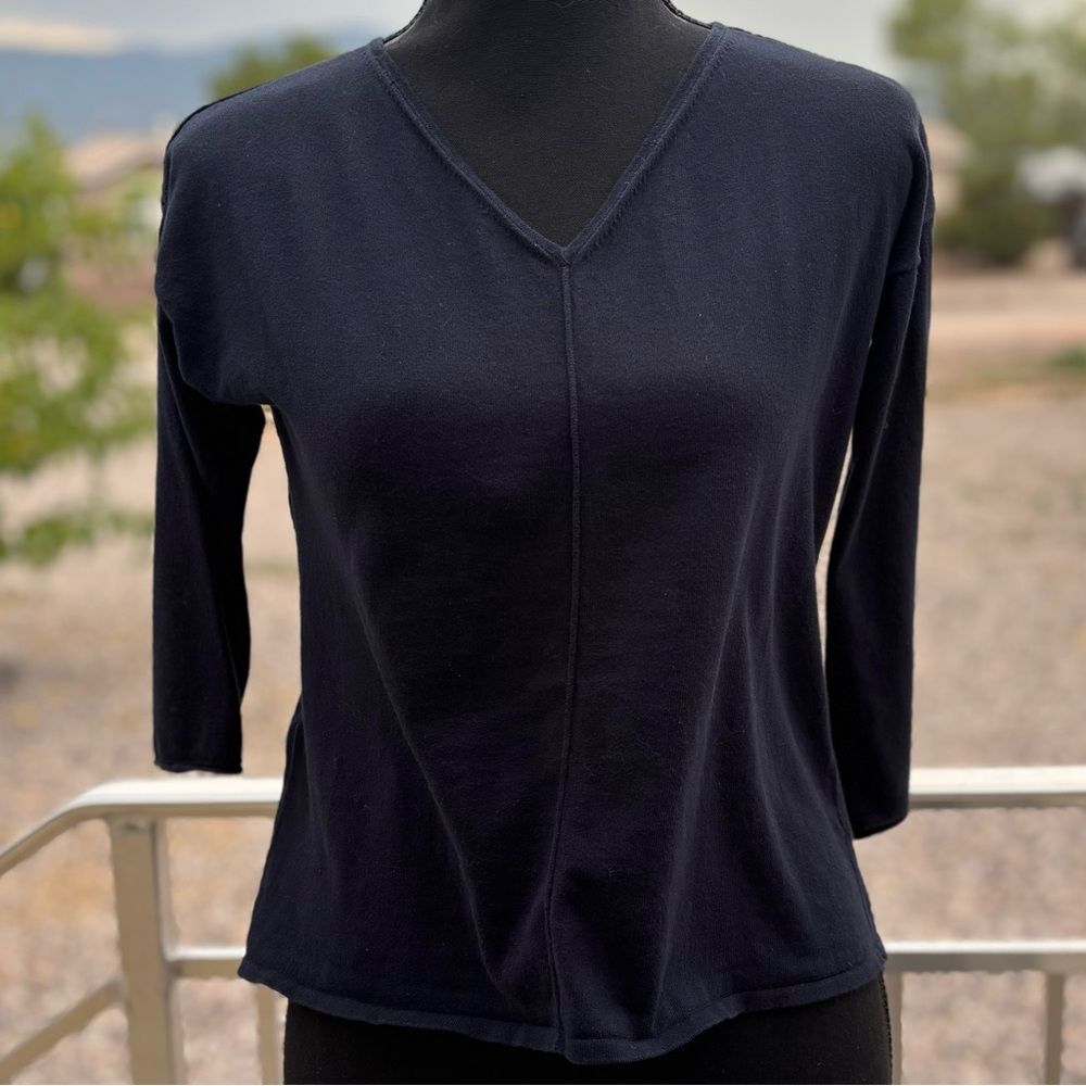 Stefanel V Neck 3/4 Sleeve Navy Cotton Top XS